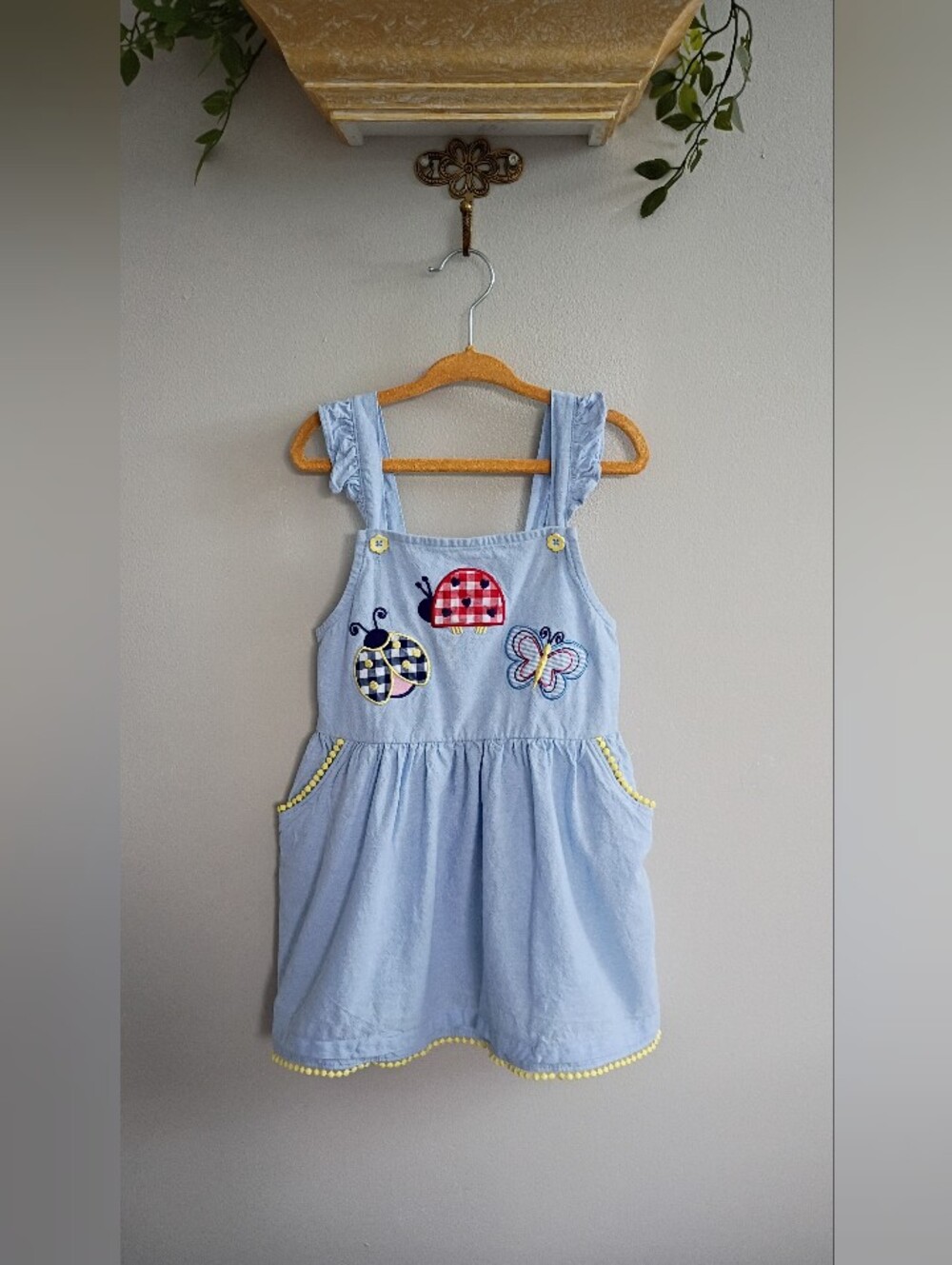 Kids Headquarters Light Blue Pinafore Dress with Multicolor Bug Appliqués